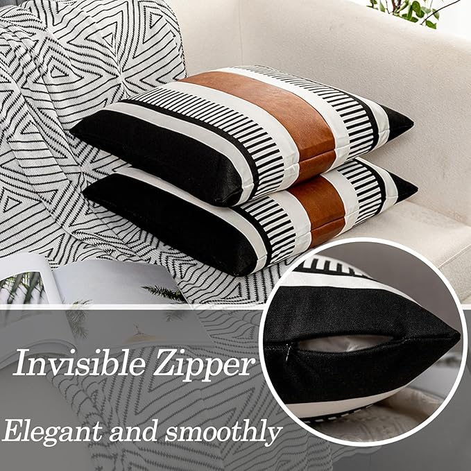 Set of 2 Striped Boho Throw Pillow Covers 16x16 inch, Modern Leather Pillow Cover for Couch Sofa Bed, Farmhouse Decor Patchwork Accent Pillowcase, Black