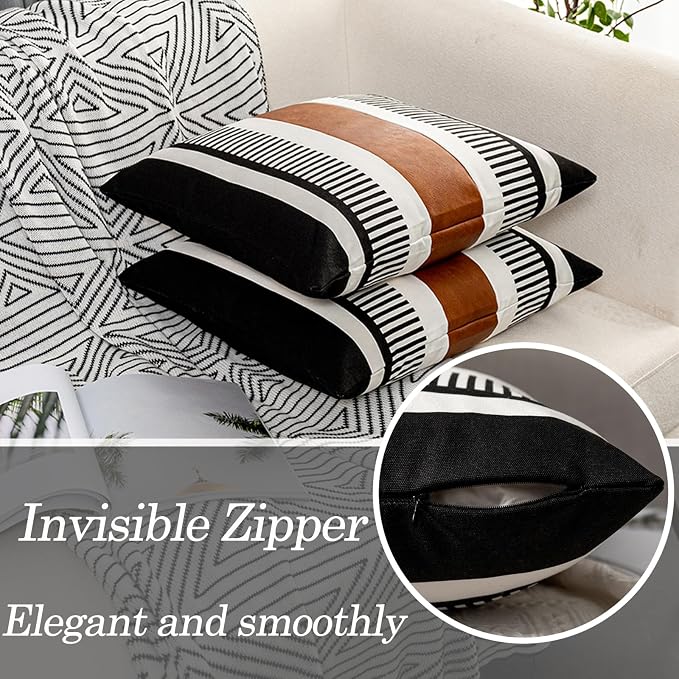 22x22 Boho Striped Pillow Cover with Faux Leather Accent, Black, 2 PC | Geometric printed cotton, vintage brown accent, black white reversible cushion case, farmhouse tribal sectional sofa decor.