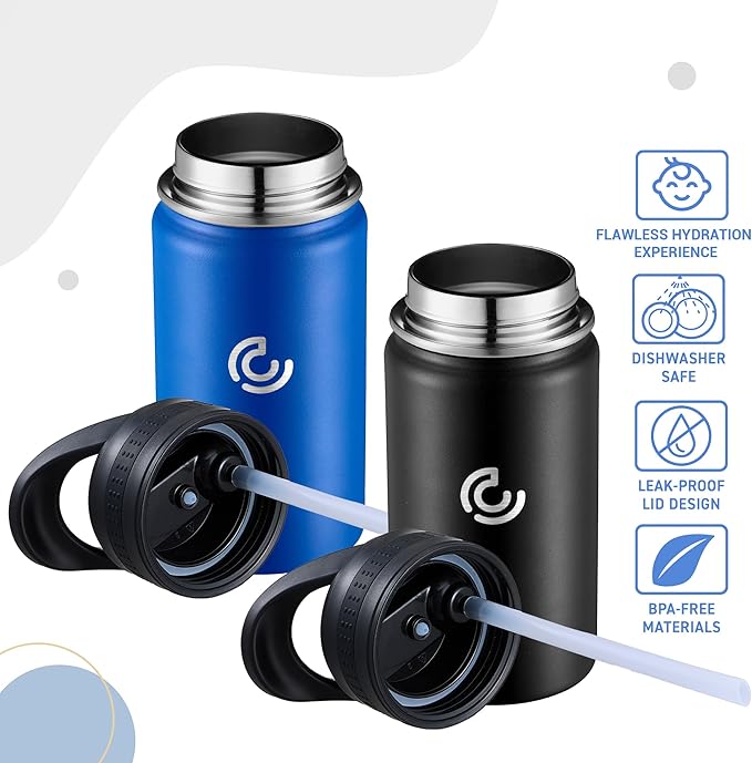2 Pack Kids Water Bottle,14oz Stainless Steel Insulated Water Tumbler Leak-Proof,School Water Mug,Small and Portable,Suitable for Boys and Girls to Use(Black + Blue)