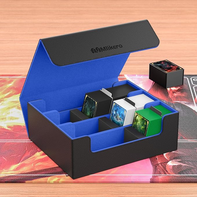 Mlikero Card Deck Case, 1800+ Trading Card Storage Box with 10 Dividers and 3 Foam Stoppers, Leather Magnetic Closure Commander Deck Box Fit for YuGiOh, MTG and Sport Cards(Black&Blue)