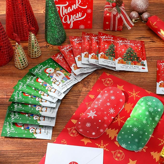Demissle 96 Pack Christmas Steam Eye Masks Bulk for Dry Eyes Disposable Eyes Masks Cover Self Heating Red and Green Moist Heat Eyemasks Holiday Warm Eye Compress Gift for Women Home Office Travel