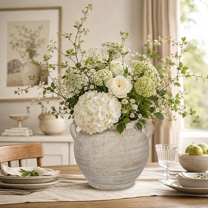 Briful Rustic Farmhouse Vase with Handles, 7.4" Ceramic Vases for Tabletop | Beige Pottery Distressed Antique Earthenware for Modern Farmhouse, Kitchen Counter Shelves Coffee Entryway Centerpiece