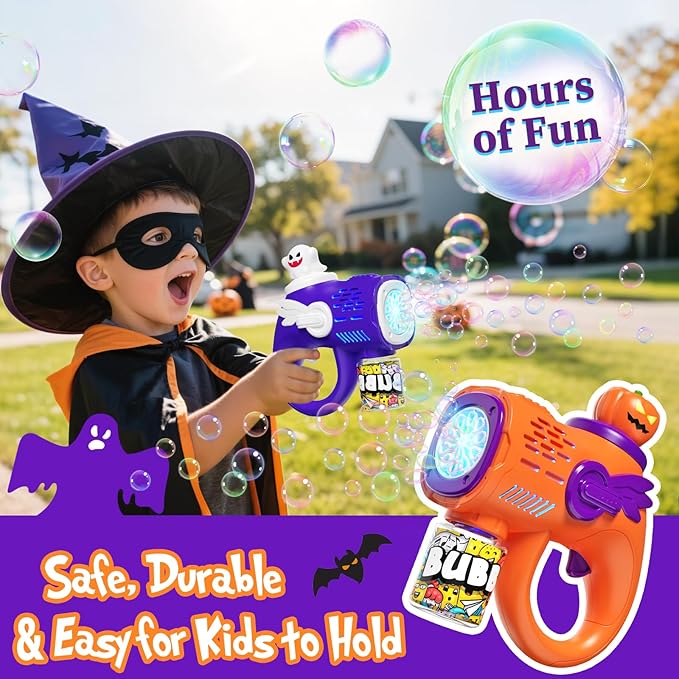 2 Halloween Bubble Gun Toys - Light-Up Bubble Machine for Kids Toddlers with 10 Refill Packs Ghost & Pumpkin, Fun Fall Gifts Party Favors Boo Basket Stuffers for Boys Girls 3 4 5 6 7 8 9 + Year Old
