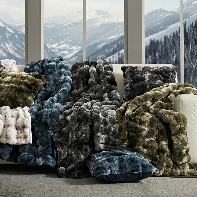 Faux Rabbit Fur Bubble Throw Blanket, 60"x80", Marble Black | Ultra Soft, Luxury Faux Rabbit Fur Throw, Thick Warm Bubble Blanket, Cozy Fluffy Reversible, for Bed, Couch, Chair, Sofa