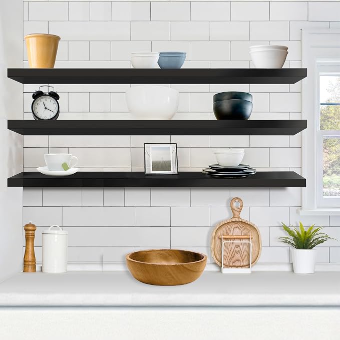 Sorbus Floating Shelves for Wall - 55 Inch Extra-Long Bathroom Shelves, Wall Decor for Bedroom, Kitchen, Living Room, Book Storage - Mounted Floating Shelf with Hidden Brackets (Black, 3 Pack)
