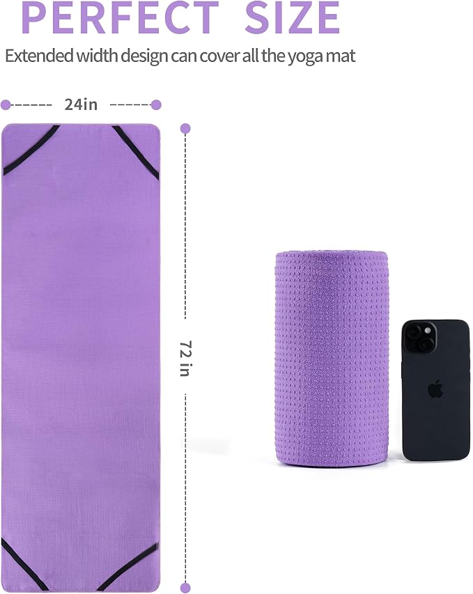 MICROFI Microfiber Hot Yoga Towel Mat, 24 x 72 inches, with Non-Slip Silicone Grip, Secure Fit Elastic Straps (Purple)