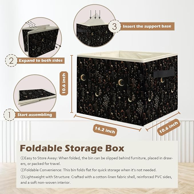 Dark Witchy Moon Floral Storage Box Bins, Mystical Gothic Wildflower Botanical Collapsible Storage Basket Organizer for Bedroom Laundry Room Home Clothes Books, Decor for Room