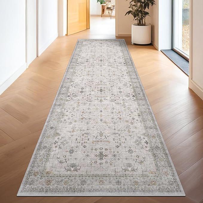 Hazo Haus Boho Washable 3x20 Extra Long Hallway Runner Rug, Neutral Light Gray & Sage Large Kitchen Floor Rug Indoor, Non-Slip Stain & Fade Resistant, Vintage Floral Décor