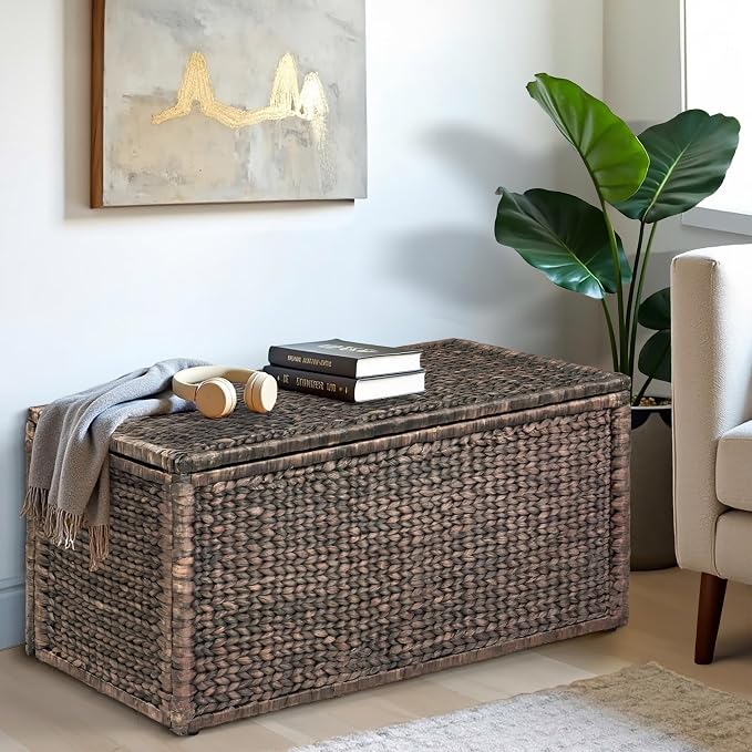 Wicker Storage Trunk, Brown Wash, 42x20x18.5 | 2 Safety Hinges, Metal Frame, Heavy-duty, Water Hyacinth