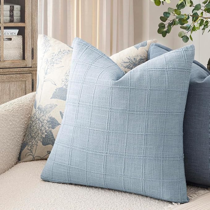 Foindtower Set of 2 Decorative Linen Check Throw Pillow Covers Neutral Farmhouse Vintage Cushion Covers Modern Boho Accent Home Decor for Sofa Chair Couch Bedroom Living Room,26×26 Inch,Sky Blue