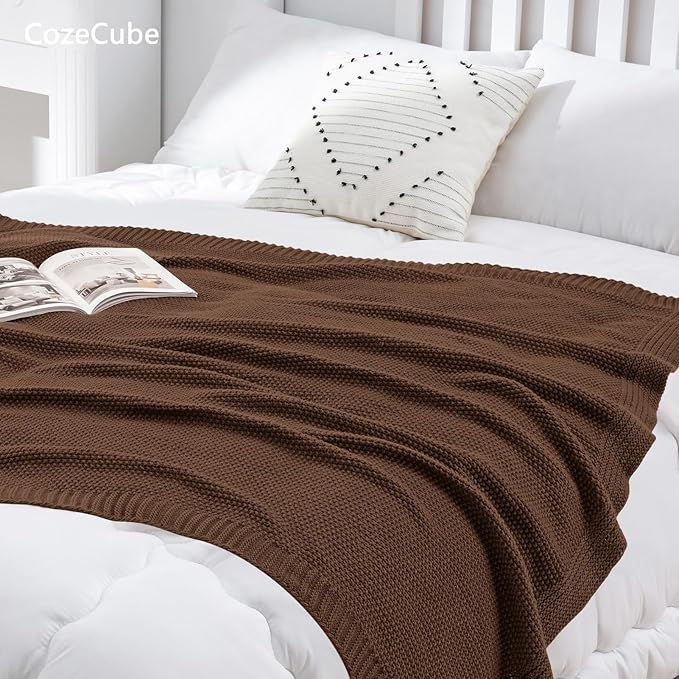 CozeCube Dark Brown Seed Stitch Throw Blanket 50"x60", Farmhouse Decor | Blanket for Couch, Soft Cozy Cable Knit Throw for Bed Sofa Living Room, Lightweight Warm Decorative Christmas Blanket