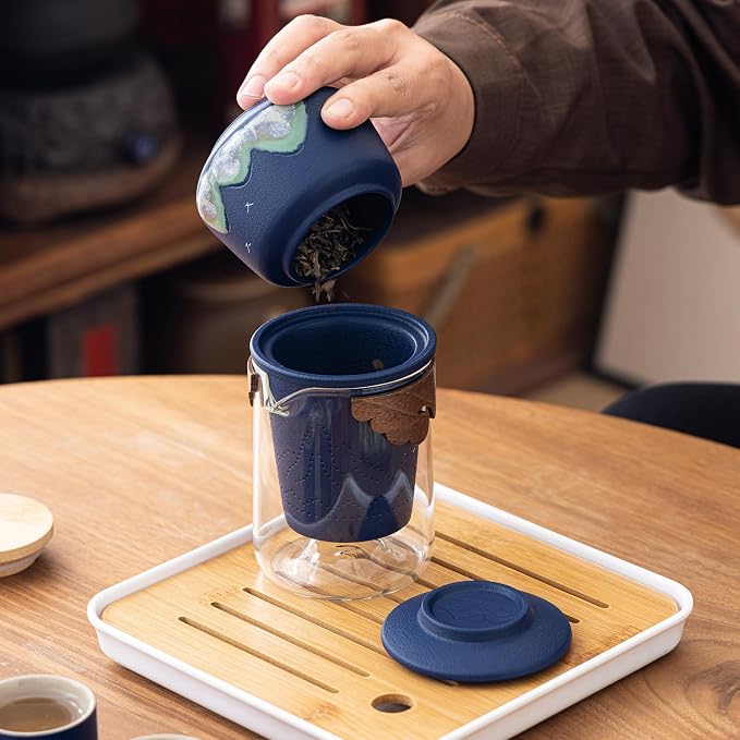 Portable Gongfu Tea Set with Travel Case, Ceramic Tea Set with Glass Teapot Infuser, Bamboo Tea Tray and 4 Ceramic Teacups, All-in-One Travel Tea Kit for Home Office Outdoor Picnic Camping
