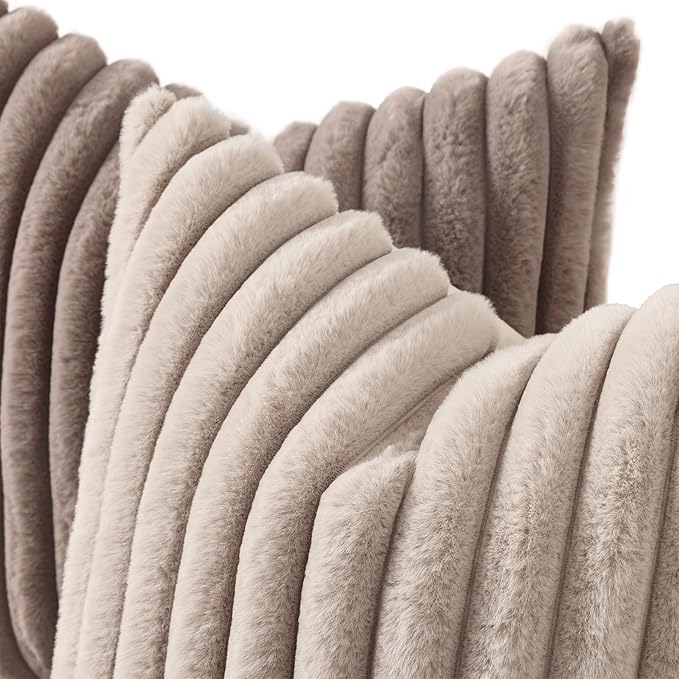 decorUhome Fall Faux Fur Throw Pillow Covers 24x24 Set of 2 Tan | Decorative Soft Cozy Striped Plush Modern Farmhouse Boho Couch Pillow Cases Velvet Back for Sofa Bed Living Room Home Decor