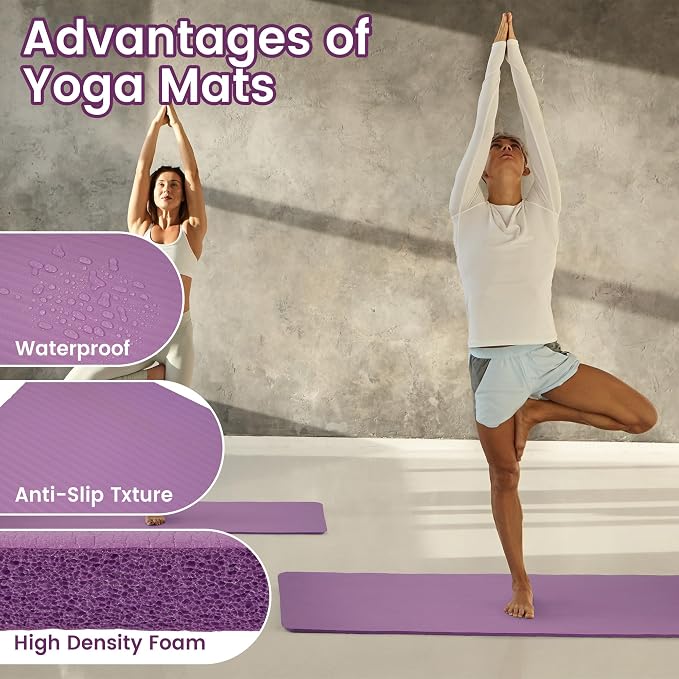 Peekabu 1 or 1/2 Inch Yoga Mat Thick Exercise Workout Mat with Extra Carry Strap Non-slip Fitness Mat Gym Pilates Mat for Stretching & Floor Home Workout Outdoor Training