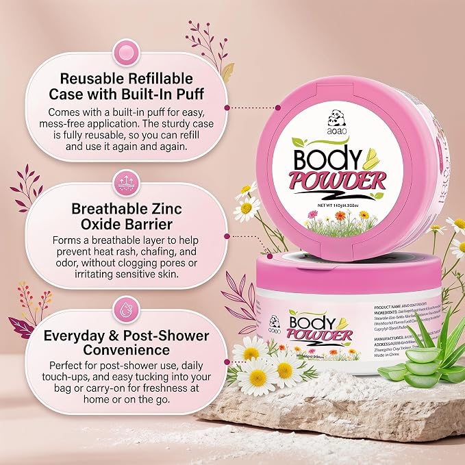 Women's Body Powder with Puff, Talc-Free, Help Reduce Dampness After Shower, Aloe for Sooting, Featherlight, Dusting Powder for Underarm Sweat & Moisture Absorbing, Anti-Chafing Sensitive Skin, 2Pack