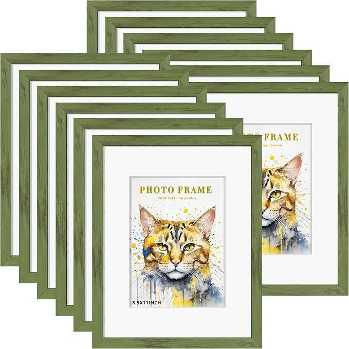 Picrit 8.5x11 Picture Frame Set of 12, Display 6x8 with Mat or 8.5 x 11 without Mat, Photo Frames for Wall Mounting or Table Top Display, Green Wood Grain