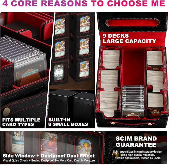 9IN1 MTG Deck Box with Handle, Fits 1000 Trading Cards or 8 Commander Decks, Premium Black Red Leather TCG Storage Case with 8 Removable Trays and 10 Dividers, Compatible with Magic, Yu-Gi-Oh!