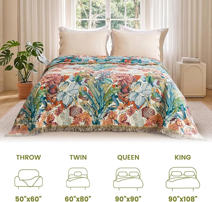 MSGKV Boho Throw Blanket 50"x60" 100% Cotton Floral Muslin Sofa Blanket | Cotton Throw, Muslin Blanket, Summer Breathable, Lightweight Comfort, Farmhouse Home Decor, Chair Throw, Machine Washable