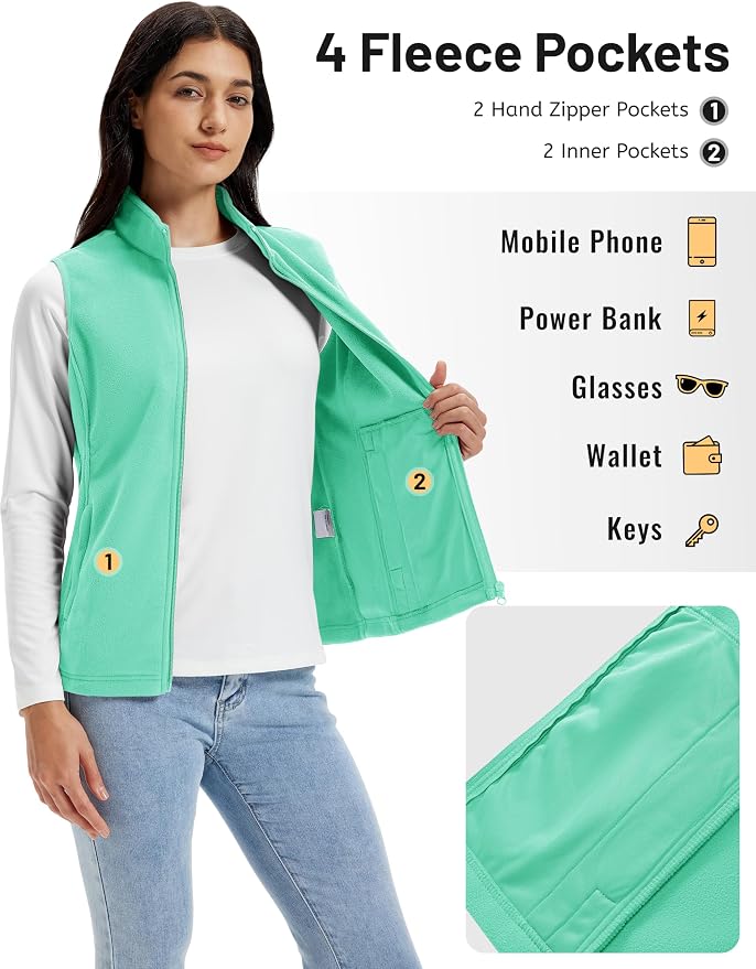 TACVASEN Women's Fleece Vest Lightweight Sleeveless Zip Jacket Outerwear | Soft Polar,Zipper Pockets,Stand Collar,Fall Winter Warm,Outdoor,Athletic,Running,Hiking,Travelling,Golf,Work