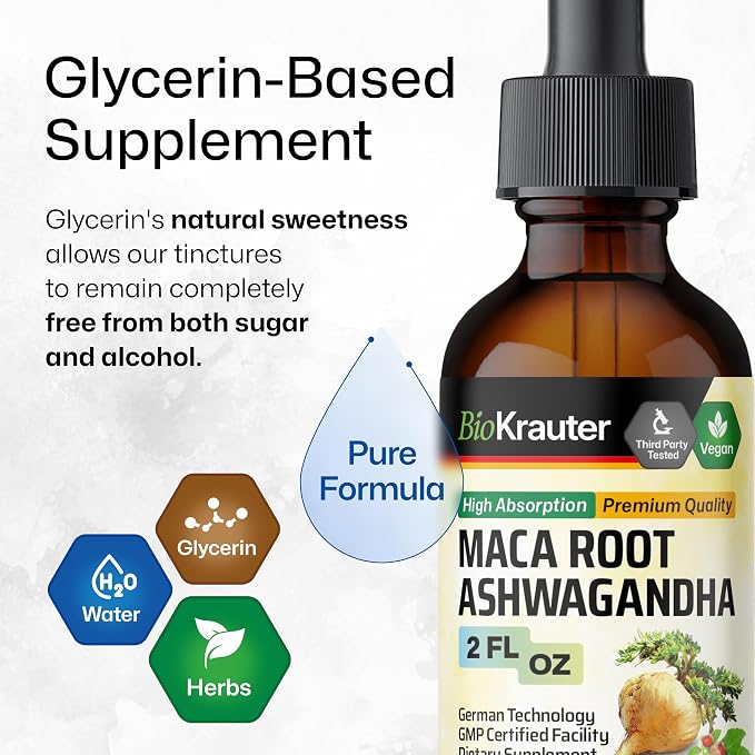 BIO KRAUTER Maca Root and Ashwagandha Tincture - Maca & Ashwagandha Supplements for Men & Women - Liquid Supplement for Mood Support - Alcohol and Sugar Free - Vegan Drops 2 Fl.Oz.