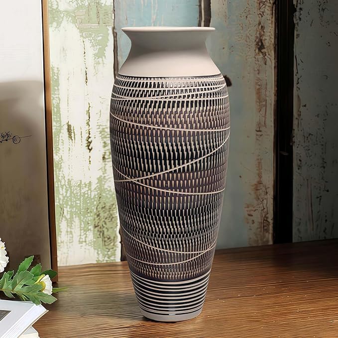 12.6" Tall Vintage Ceramic Rustic Farmhouse Vase (Full Skipcut Brown) | Large Boho Textured Flower Vases for Home Decor, Living Room, Table, Mantel, Shelf