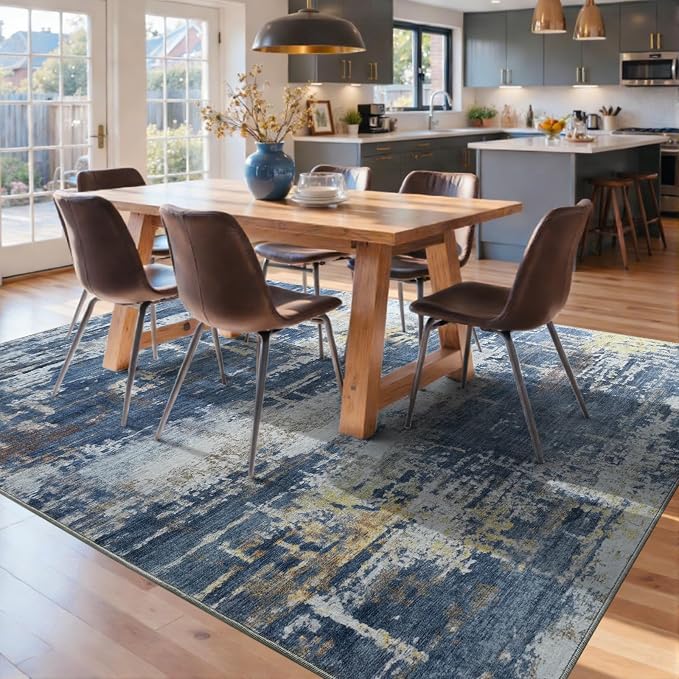 6x9 Ft Large Area Rugs for Living Room, Soft Non-Slip Washable Rugs Modern Abstract Pattern Carpet for Bedroom Indoor Floor Nursery Home Decor (Blue/Gold)