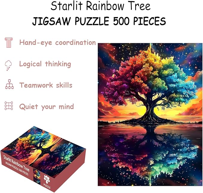 Puzzles for Adults 500 Pieces, Tree of Life Jigsaw Puzzles - Starlit Rainbow Tree, Impossible Starry Night Puzzle for Seniors Families,20.47x14.96 inches, 1:1 Poster, Letter on The Back