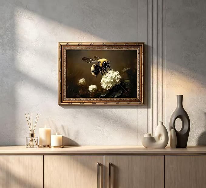 Vintage Gold Framed Bee Wall Art Dark Academia Insect Painting Canvas Print Gothic Moody White Hydrangea Picture Wall Decor Rustic Farmhouse Animal Poster Artwork for Living Room Bedroom Bathroom