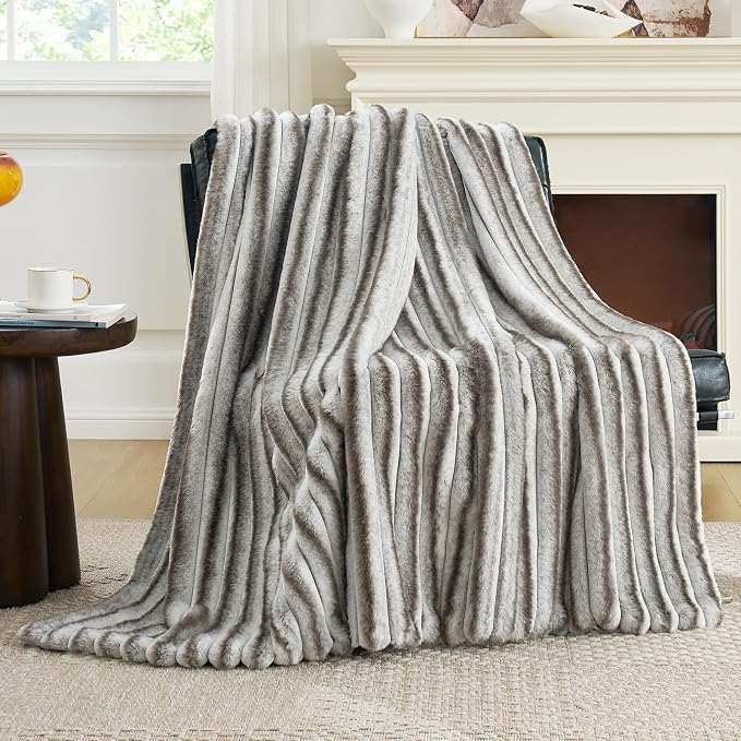 Cozy Bliss Faux Fur Throw Blanket for Couch, Cozy Warm Plush Striped Blanket for Sofa Bedroom Living Room,60 * 80 Inches Grey