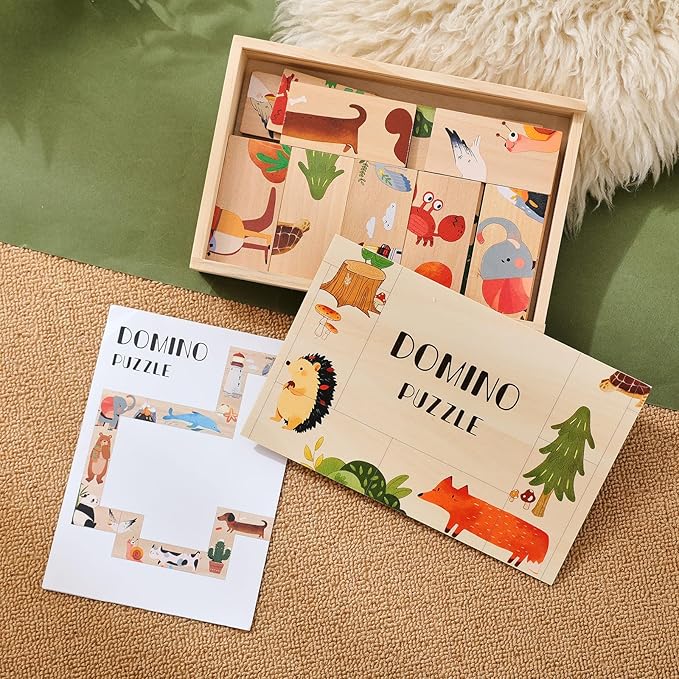 IEATFO 28 Pcs Wooden Domino Puzzle Set with Storage Box - Multicolor Plant, Animal and Landscape Designs - Montessori Toy with Nature-Themed Learning, Domino Game, Logic Puzzle and Building Blocks