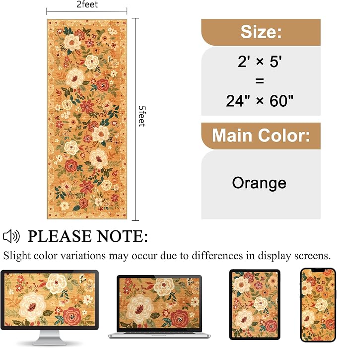 DUKINO 2x5 Runner Rug, Floral Washable Rug for Kitchen Non Slip, Orange | Low Pile, Soft, Stain Resistant Indoor Rug Runner for Entryway, Hallway, Bedroom, Bathroom, Laundry, Pet Friendly, Home Decor