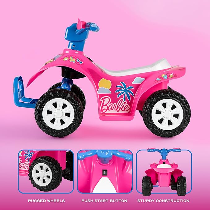 Barbie - 6V ATV Quad for Kids, Powerful and Safe Ride-On Toy with Rechargeable Battery, Forward and Reverse Driving, Max Weight Capacity of 55 LBS, Ages 2-3 Years
