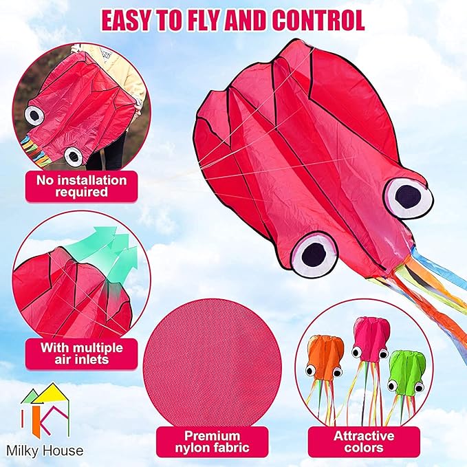3 Pack Octopus Kite - 3D Beach Kites for People & Kids (Blue, Green, Red) - Easy to Fly, Kite Kit with 100M String