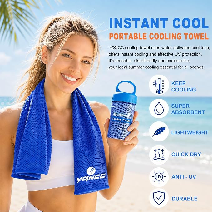 YQXCC 2 Pack Cooling Towels (47"x12"), Ice Cool Neck Towel, Soft Breathable Microfiber for Yoga, Golf, Gym, Running, Camping & Hot Weather