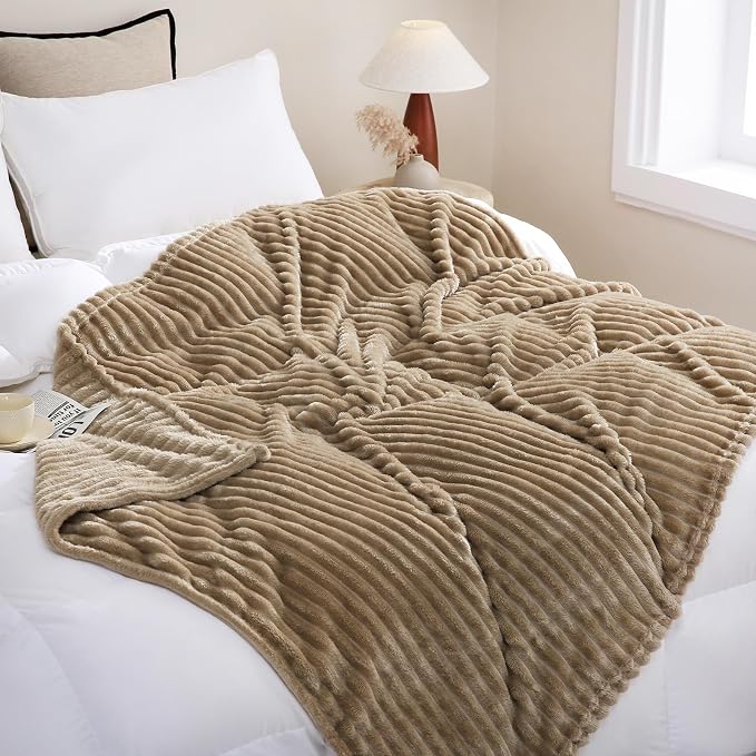 Tan Fleece Throw Blanket 60”×80” for Couch Sofa Livingroom | Super Soft Cozy Plush Microfiber Flannel Bed Blanket Striped Design Lightweight Home Decor Gifts for Adults Mom Women