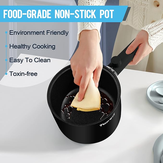 Topwit 1.5L Hot Pot Electric, Portable Ramen Cooker, Non-Stick Frying Pan | BPA-free, Glass Lid, Overheat & Boil-dry Protection, Electric Pot for Pasta, Steak, College Dorm Office Travel Essentials