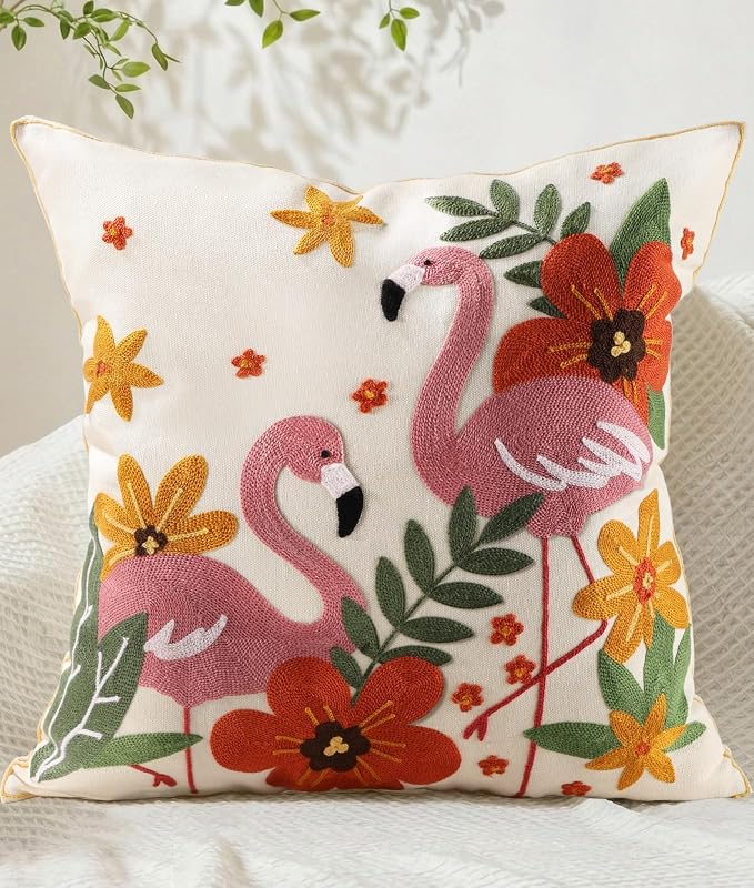 Animal Embroidered Throw Pillow Cover 20x20 Inch, Flamingos Floral | Decorative Pillow Cover, Boho Floral Cushion Cases with Hidden Zipper, Cottagecore Decor for Couch, Sofa, Living Room