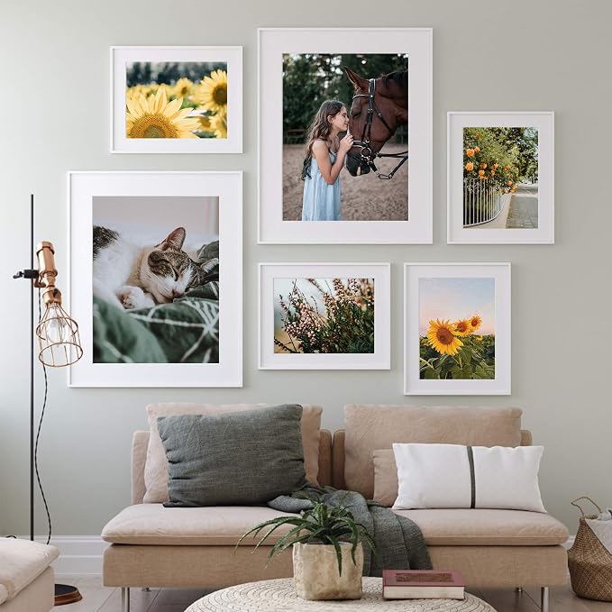 upsimples 9x12 Picture Frame Set of 5, Display Pictures 6x8 with Mat or 9 x 12 Without, Wall Gallery Photo Frames, White