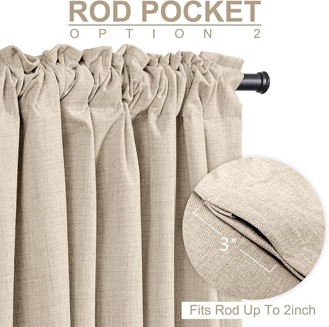 100% Blackout Shield Linen Blackout Curtains for Bedroom 84 Inches Long, Back Tab/Rod Pocket Living Room Drapes, Thermal Insulated Blackout Curtains 2 Panels Set, 50" W x 84" L, NaturalFlax