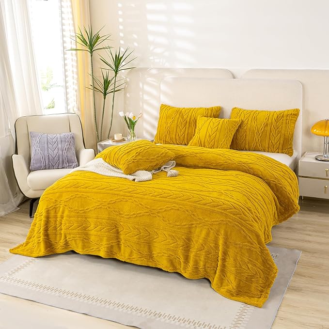 YUSOKI Sherpa Fleece Twin XL Size Blanket, Mustard Yellow, 65"x90" | 3D Stylish Design,320GSM, Non-Shedding, Lightweight for All Season Use, stays fluffy after repeated washes, Perfect Gifts