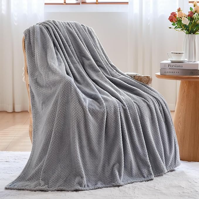 NEWCOSPLAY Fleece Leaves Pattern Throw Blanket, Grey, 50"x60" | Super Soft Throw Blanket, Lightweight Cozy Bed Sofa Blanket, Premium Silky Flannel Fleece, Travel Blanket for All Season Use