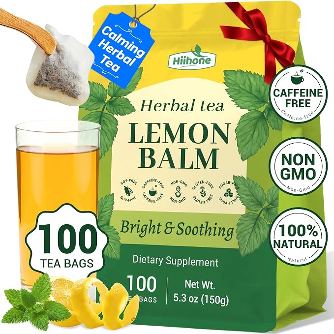 Hiihone Lemon Balm Tea Bags 100 Count – Pure & Natural Lemon Balm Tea, Caffeine-Free Herbal Tea, Calming & Soothing, Non-GMO, Fresh Citrusy Flavor