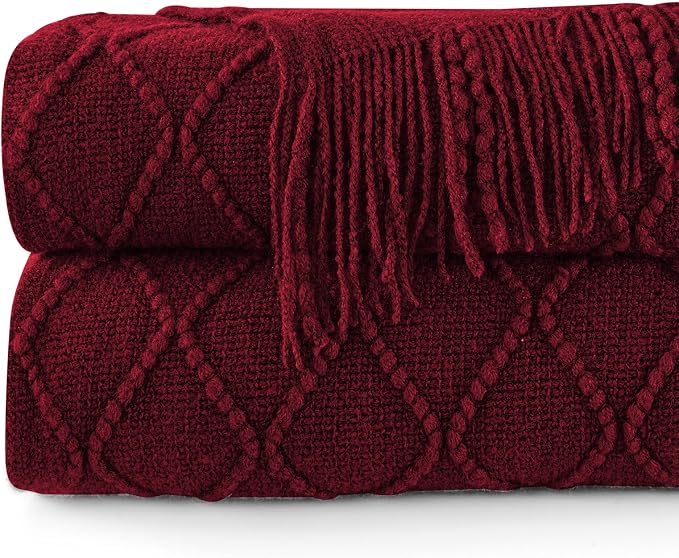inhand Claret Knitted Throw Blanket for Couch and Bed, 50"x60" | Gifts for Mom from Daughter Son, Soft Lightweight with Tassel, Farmhouse Warm Decorative Blanket for Women, Cozy Knit