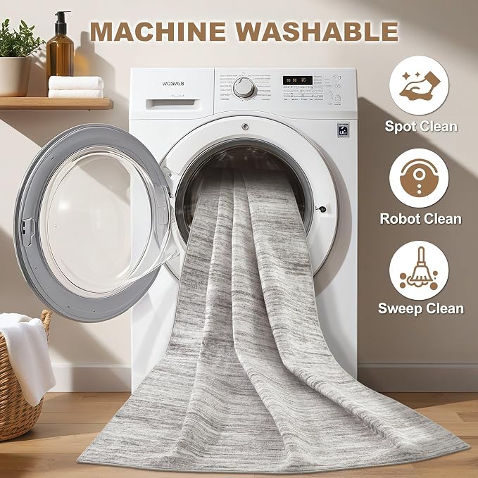 Nakagishi 9x12 Area Rugs Living Room: Washable Large Vintage Rug Neutral Non-Slip Soft Stain Resistant Indoor Carpet for Bedroom Nursery Dining Room Office Playroom - Grey-01