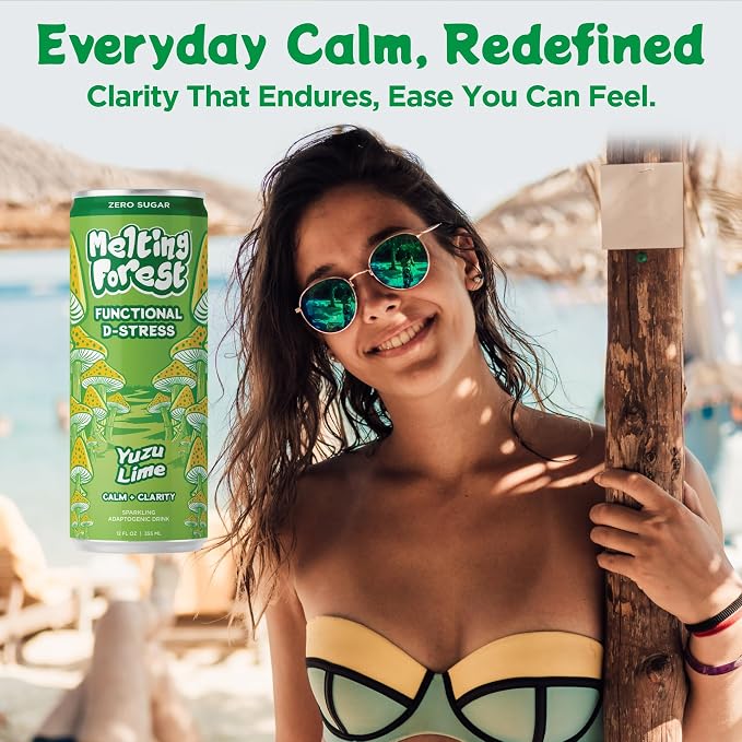 Melting Forest Functional Mushroom D-Stress - Adaptogen Drink with L-Theanine, Reishi, Lion's Mane & Magnesium - Relaxation Drinks for Stress Relief - Zero Sugar, 5 Calories - Yuzu Lime (12-Pack)