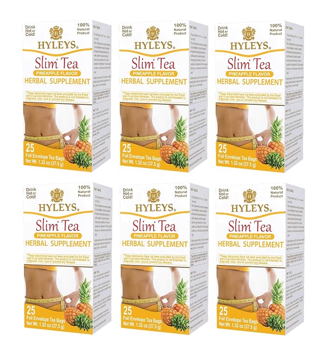 Hyleys Slim Tea Pineapple Flavor - Weight Loss Herbal Supplement Cleanse and Detox - 25 Tea Bags (6 Pack)