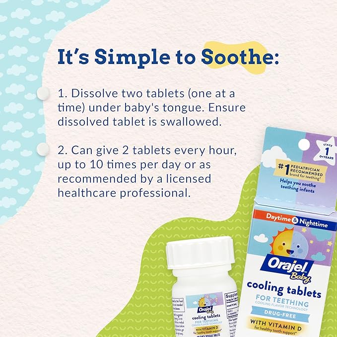 Orajel Baby Cooling Tablets for Teething with Vitamin D, 100 Quick Dissolve Tablets,White, (Pack of 2)