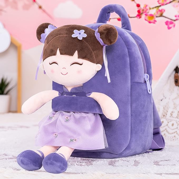 Gloveleya Back to School Gifts for Girls Kids Backpack Toddler Backpack Soft Plush Asian Girl Doll Backpacks Purple 9"