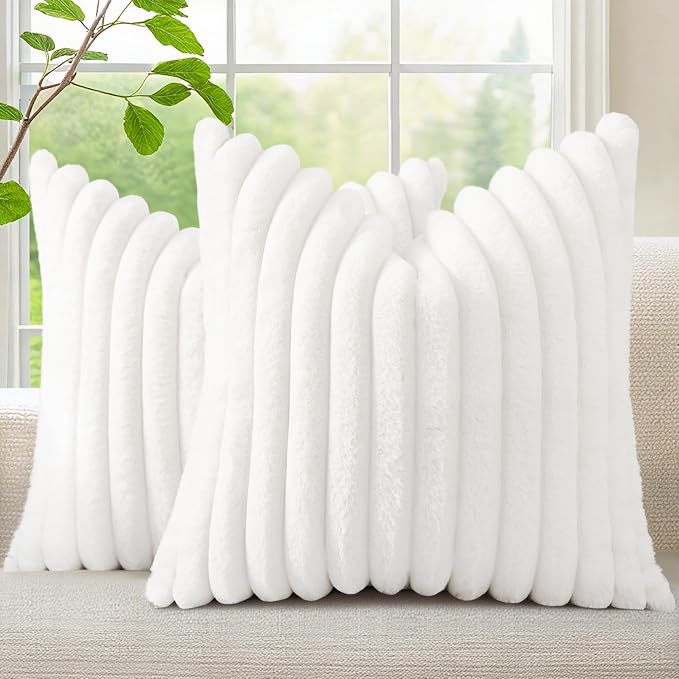decorUhome Fall Faux Fur Throw Pillow Covers 18x18 Set of 2 White | Decorative Soft Cozy Striped Plush Modern Farmhouse Boho Couch Pillow Cases Velvet Back for Sofa Bed Living Room Home Decor