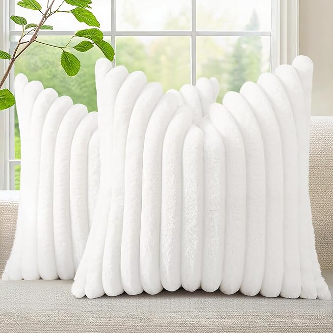 decorUhome Fall Faux Fur Throw Pillow Covers 20x20 Set of 2 White | Decorative Soft Cozy Striped Plush Modern Farmhouse Boho Couch Pillow Cases Velvet Back for Sofa Bed Living Room Home Decor